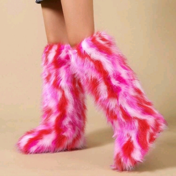 Winter Fluffy Lining High-Top Warm Snow Boots, Round Toe Faux Fox Fur Tall Boot - Picture 3 of 5